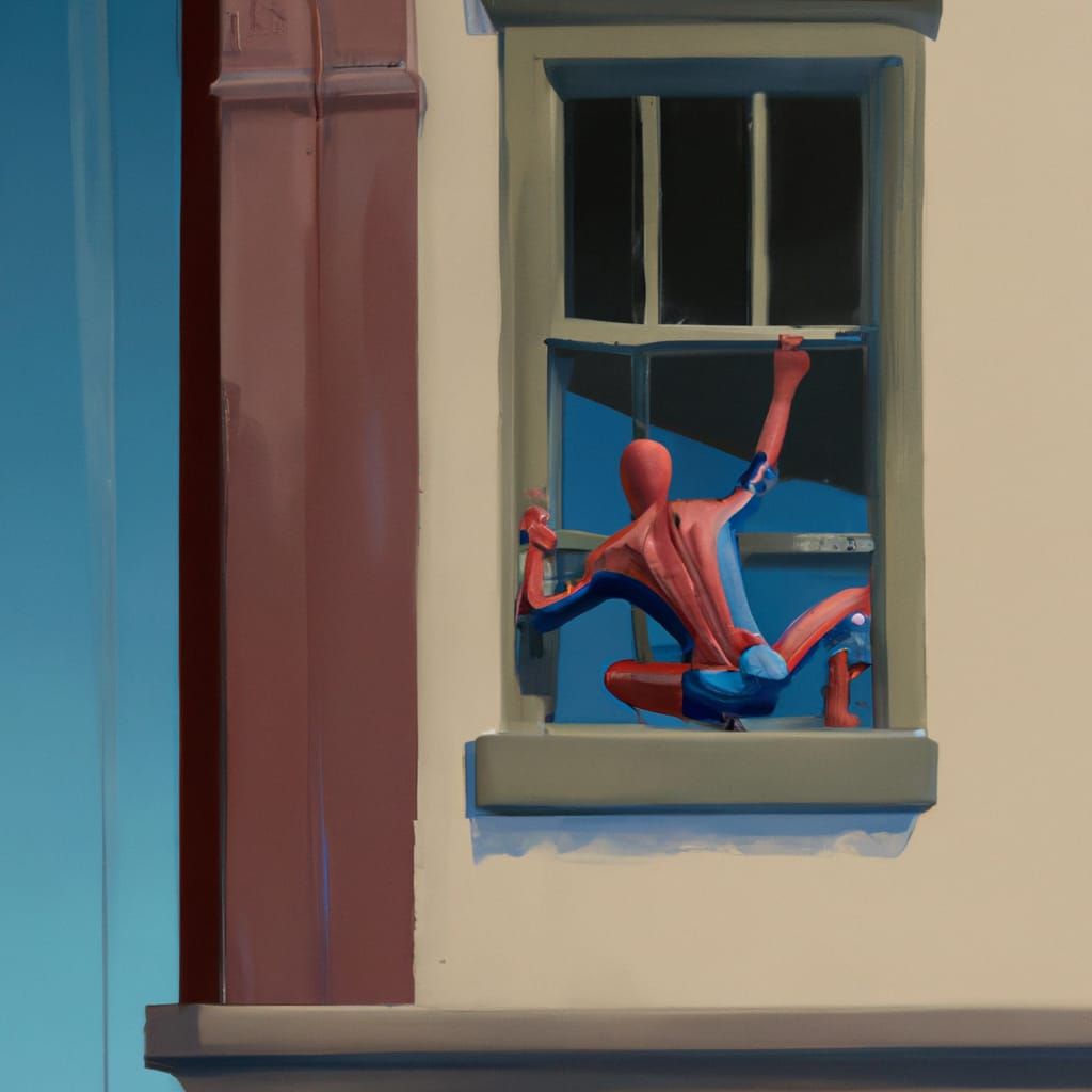 Spiderman Climbing Window in Edward Hopper Style
