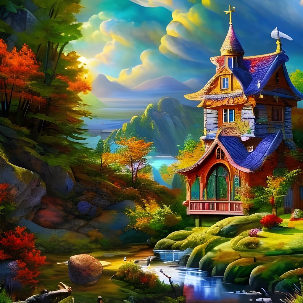 Little fairy house, river, stained glass colors,
