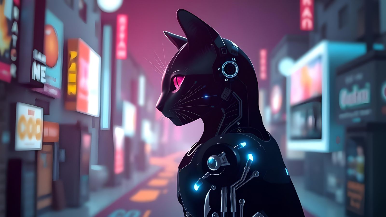 Cyberpunk Cat Portrait with Bio-Mechanical Implants