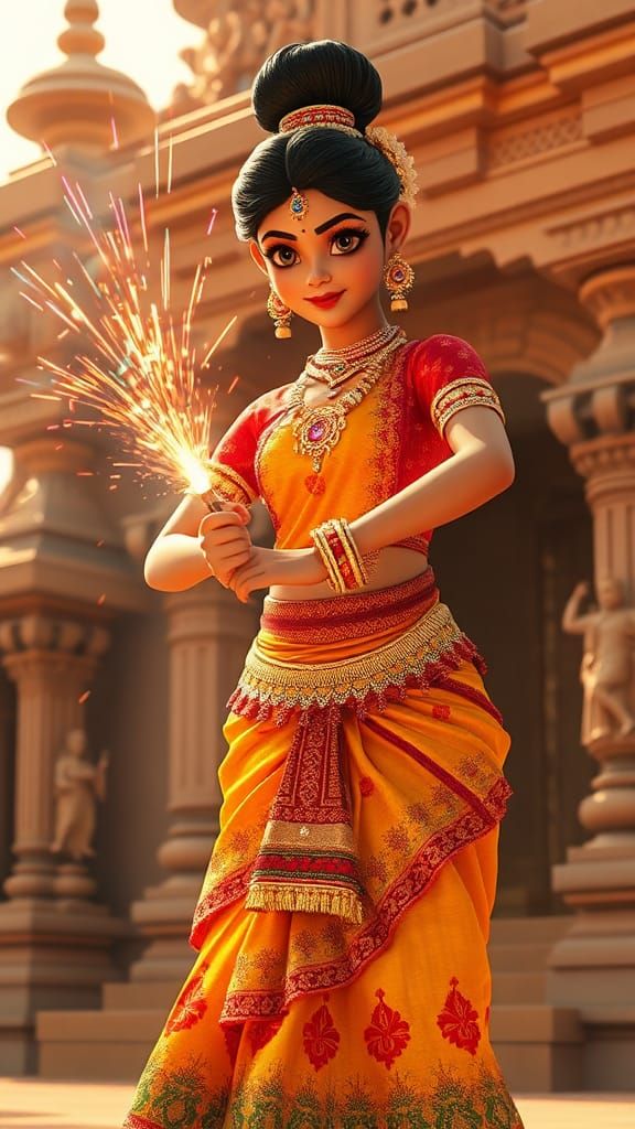 Indian Dancer Lights Fireworks in Animated 3D Temple