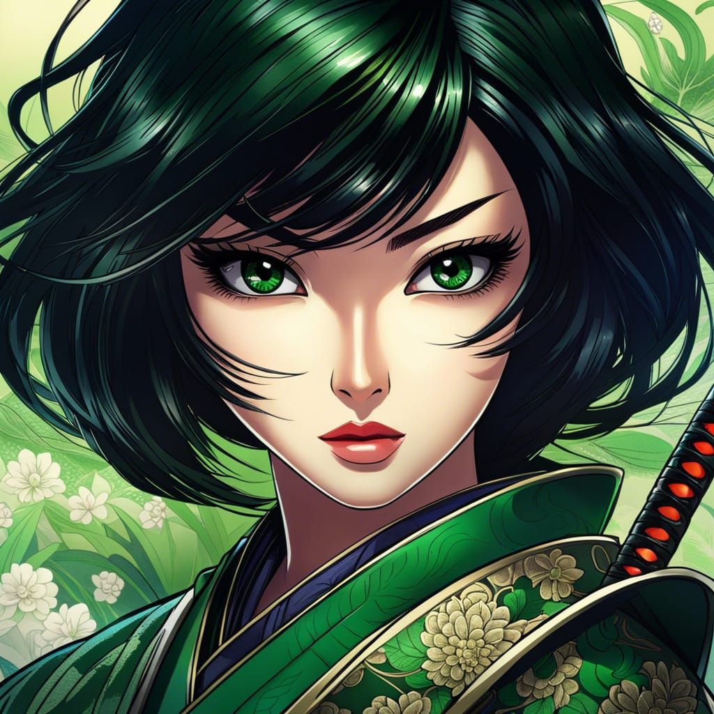 Anime Samurai Woman with Emerald Eyes