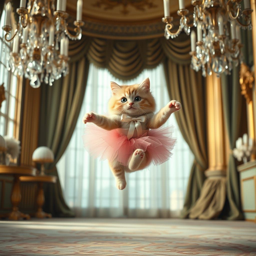 Dainty Feline Dancer in Whimsical Ballroom