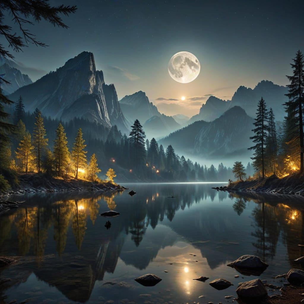 Moonlit Mountain Lake Forest Landscape Photography