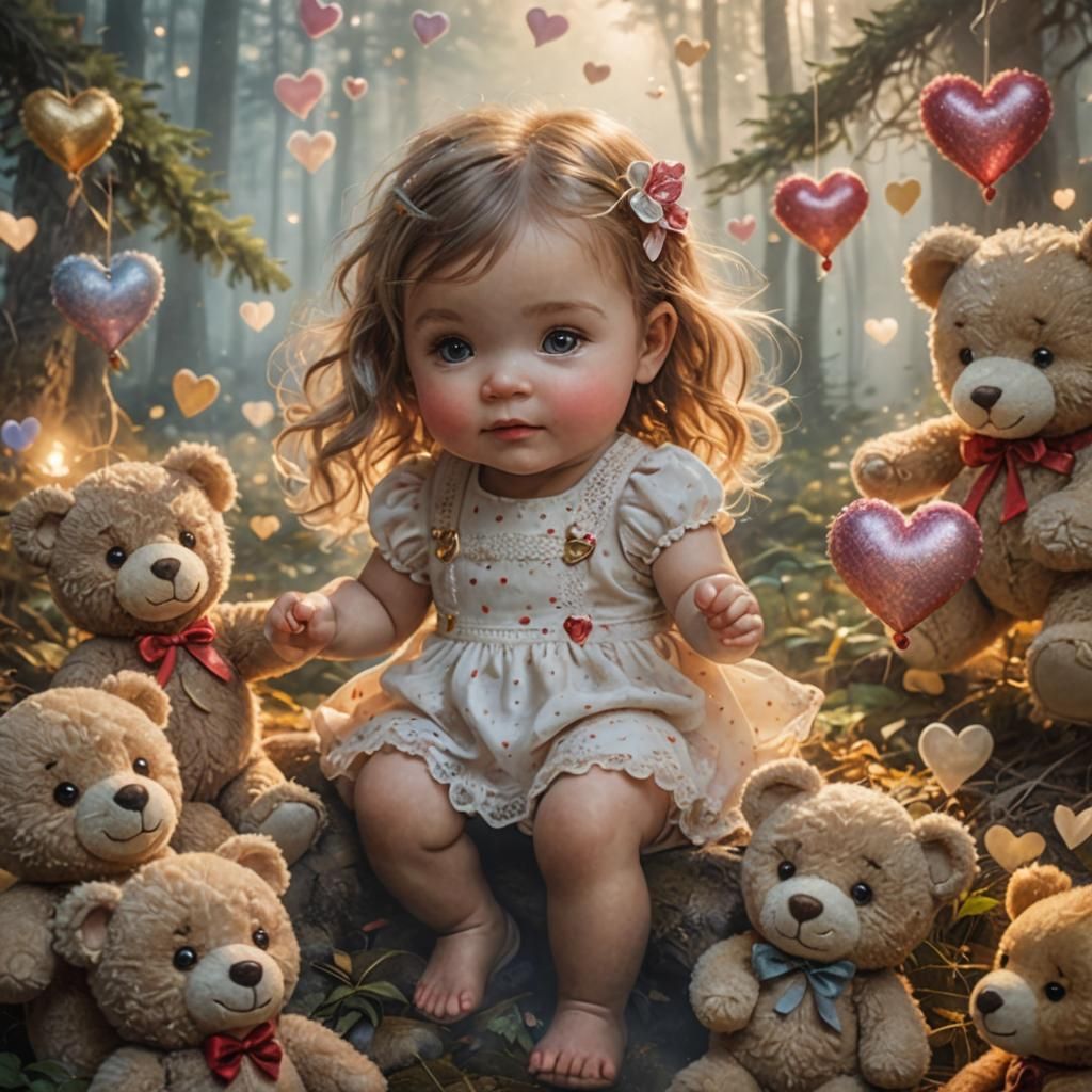 Baby Girl Plays with Teddy Bears in Misty Forest