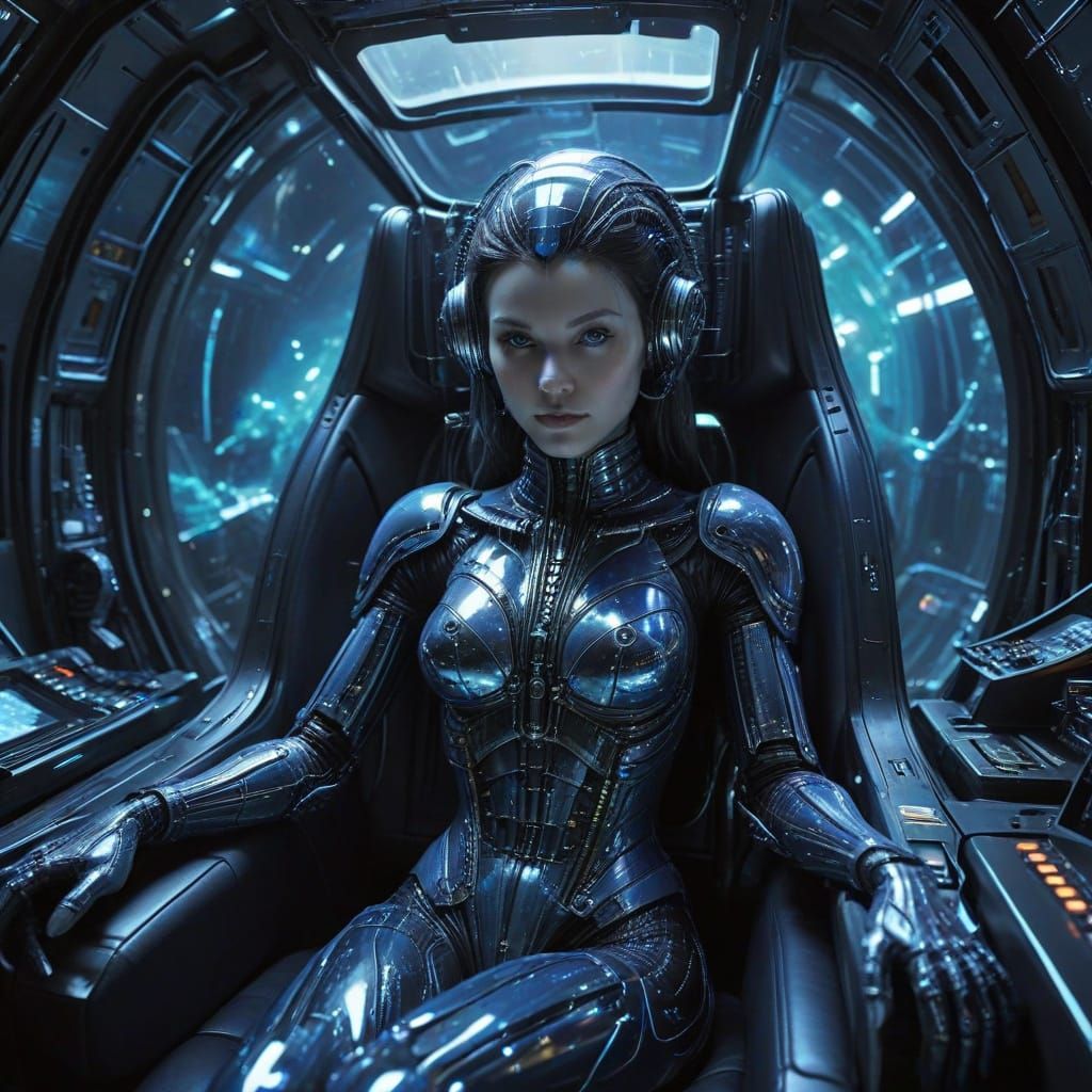 Hyperrealistic Futuristic Girl in Space Cockpit