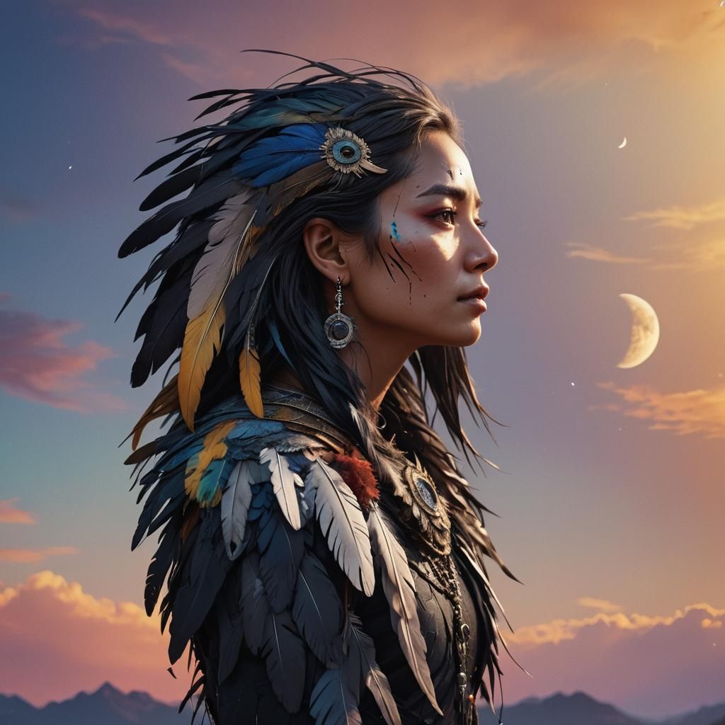 Raven Woman Feather in Moonlit Sunrise