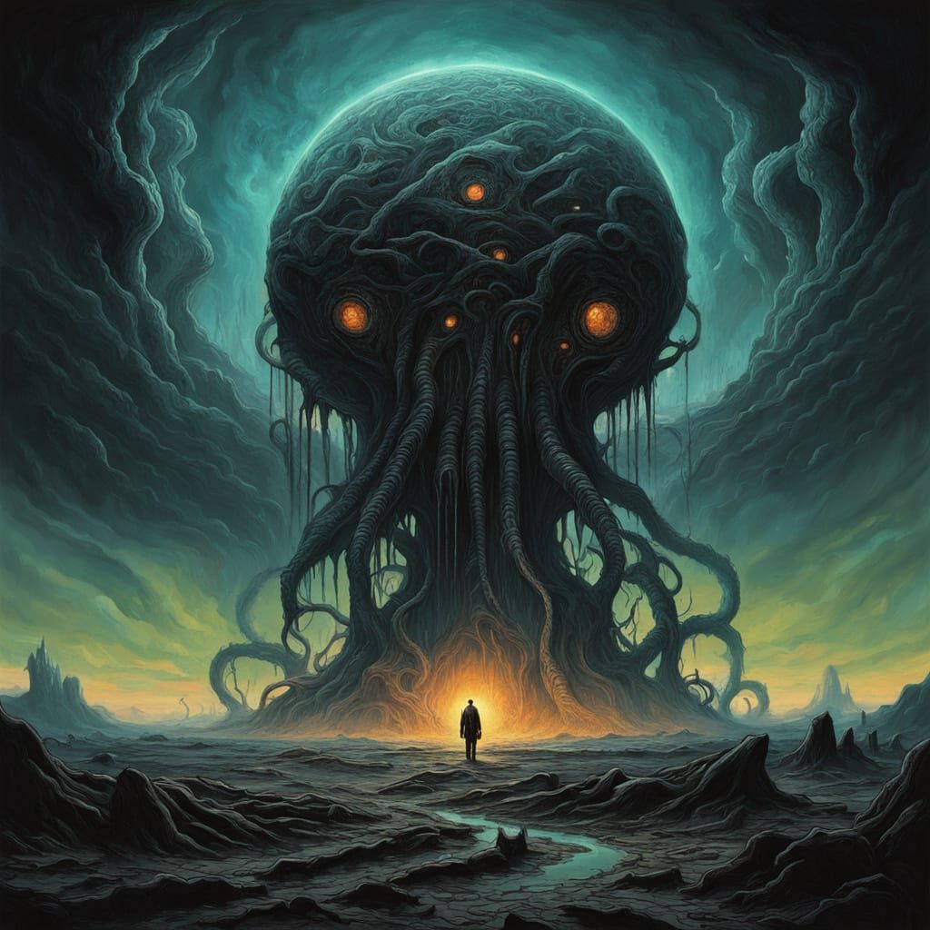 Eerie Cosmic Horror Landscape with Alien Figure