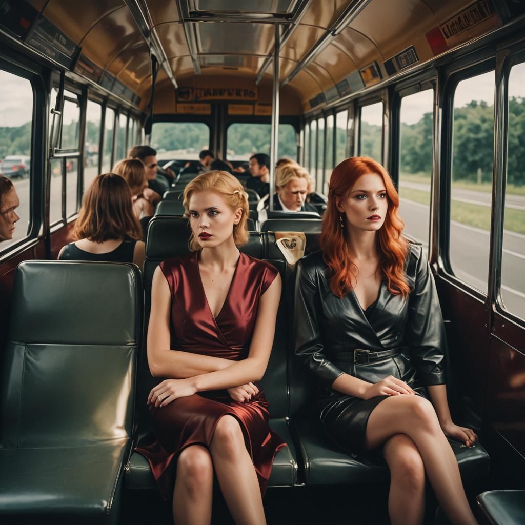 Two Stylish Women on a Bus in Cinematic Style