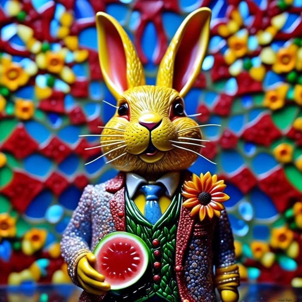 Glass Rabbit with Sunflower and Watermelon