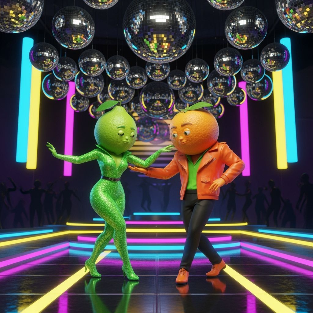 Neon Fruits Dancing in 80s Sci-Fi Disco Style