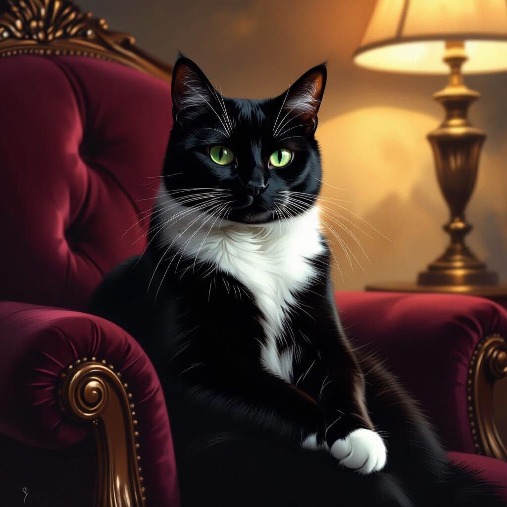 Dapper Tuxedo Cat on Velvet Armchair in Realistic Digital Pa...