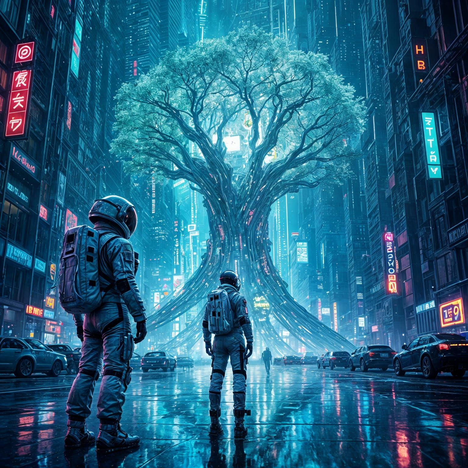 Astronaut Gazes at Holographic Tree in Neon Cyberpunk City