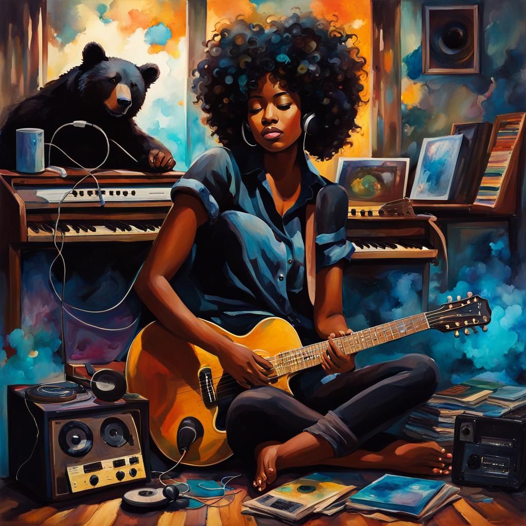 Black Woman Plays Blues Guitar: Painterly Fantasy Art
