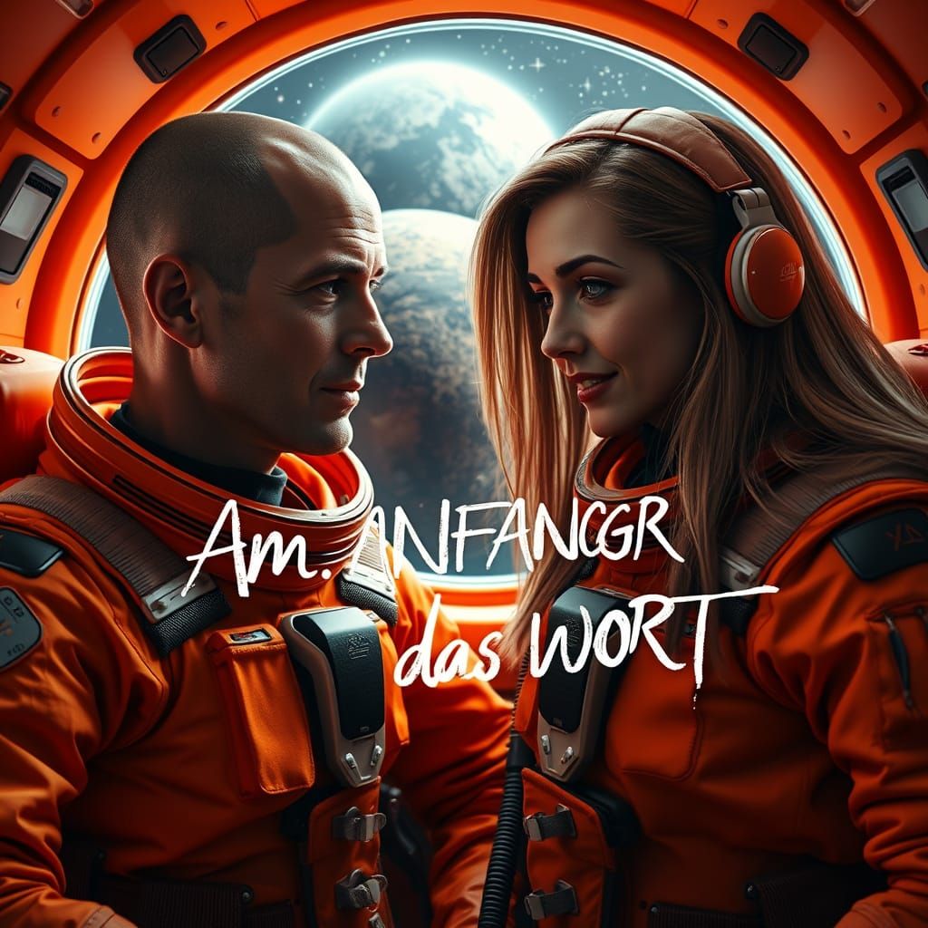 Happy Astronauts in Futuristic Orange Space Suits Discussing...