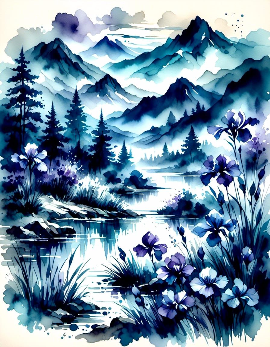 Ink Landscape with Van Gogh Irises