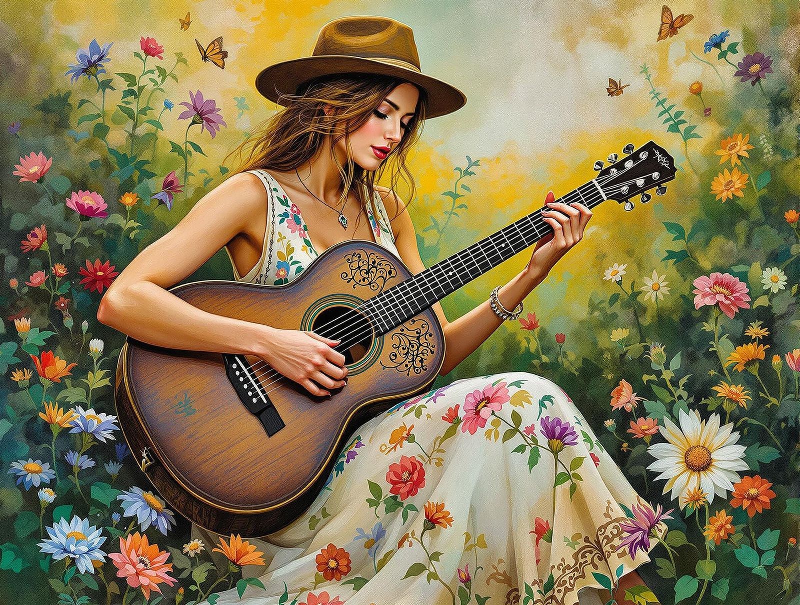 Bohemian Woman Guitarist in Vibrant Floral Surrounds