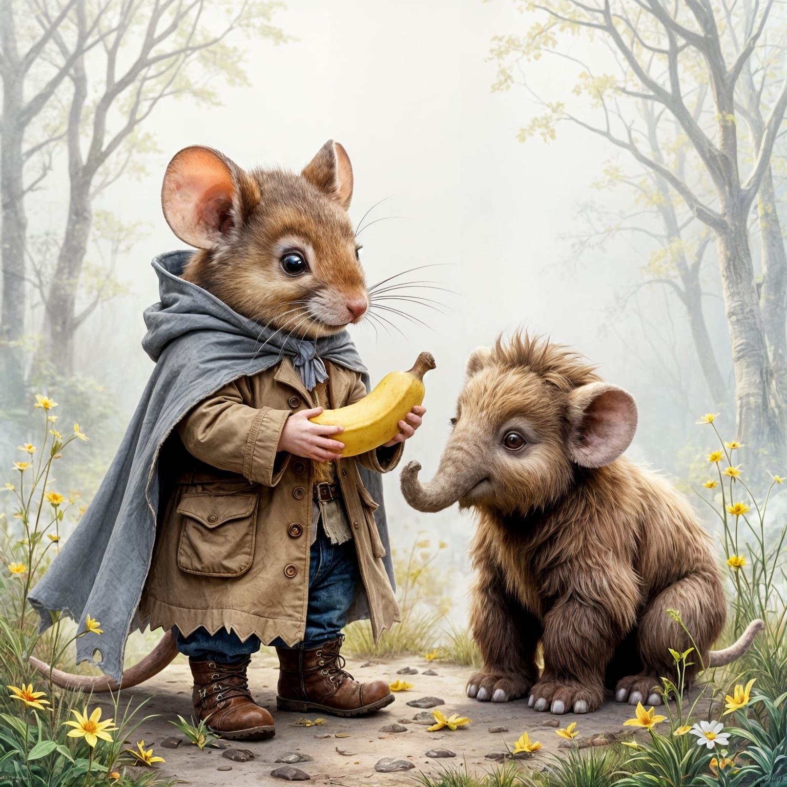 Anthropomorphic Mouse Offers Banana to Baby Mammoth