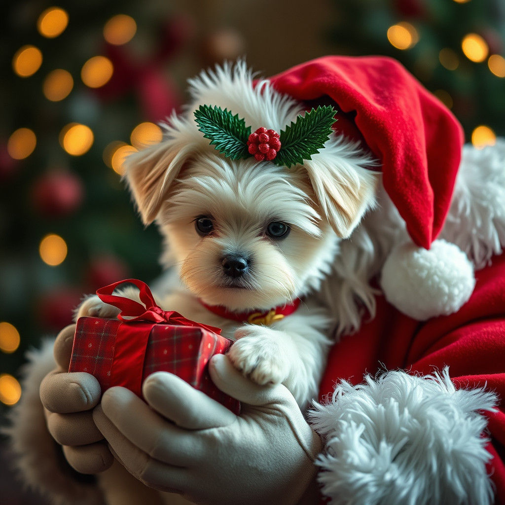 Santa Delivers a Maltese Puppy: Hyperrealistic Christmas Sce...