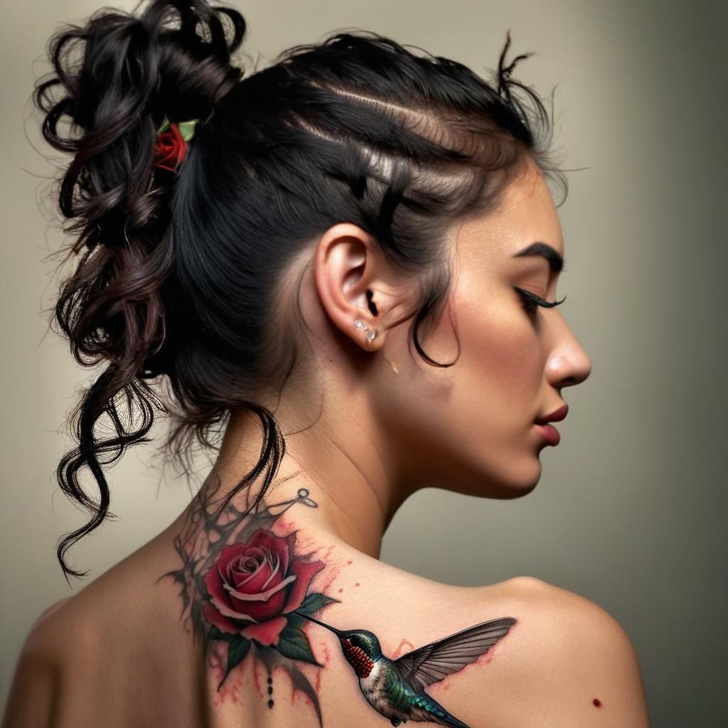 Woman with Rose Tattoo: Hyperrealistic Portrait
