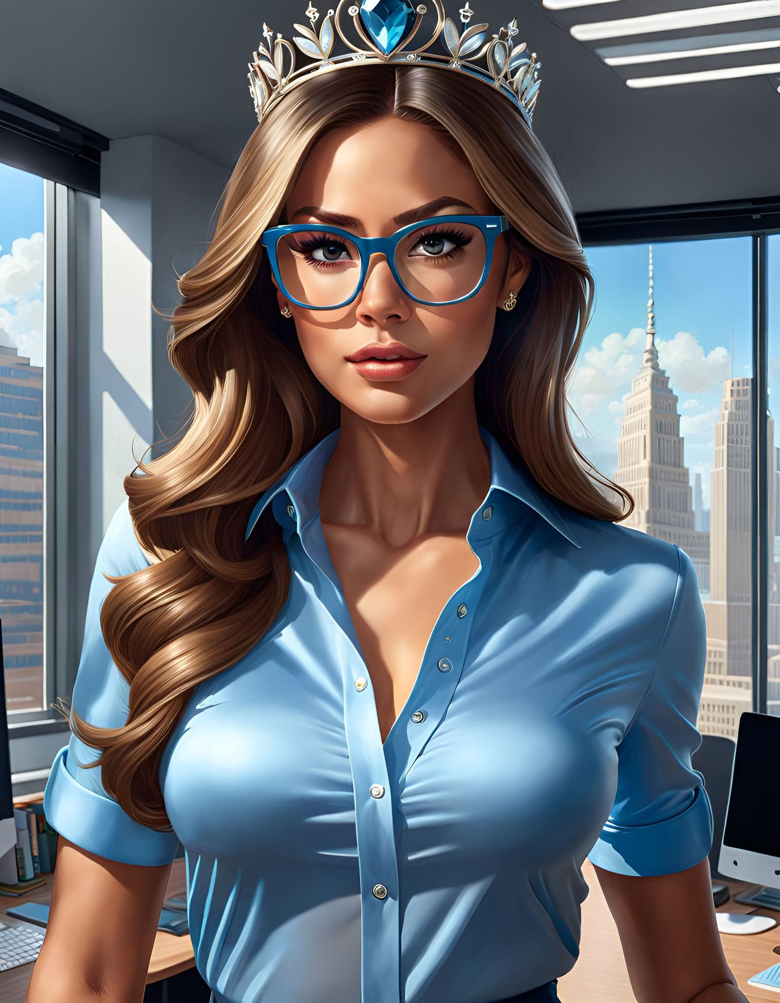 Gorgeous Woman with Tiara in Sunny Office, Hyperrealistic