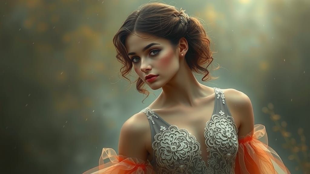 Elegant Woman in Organza and Lace Autumn Mist Portrait