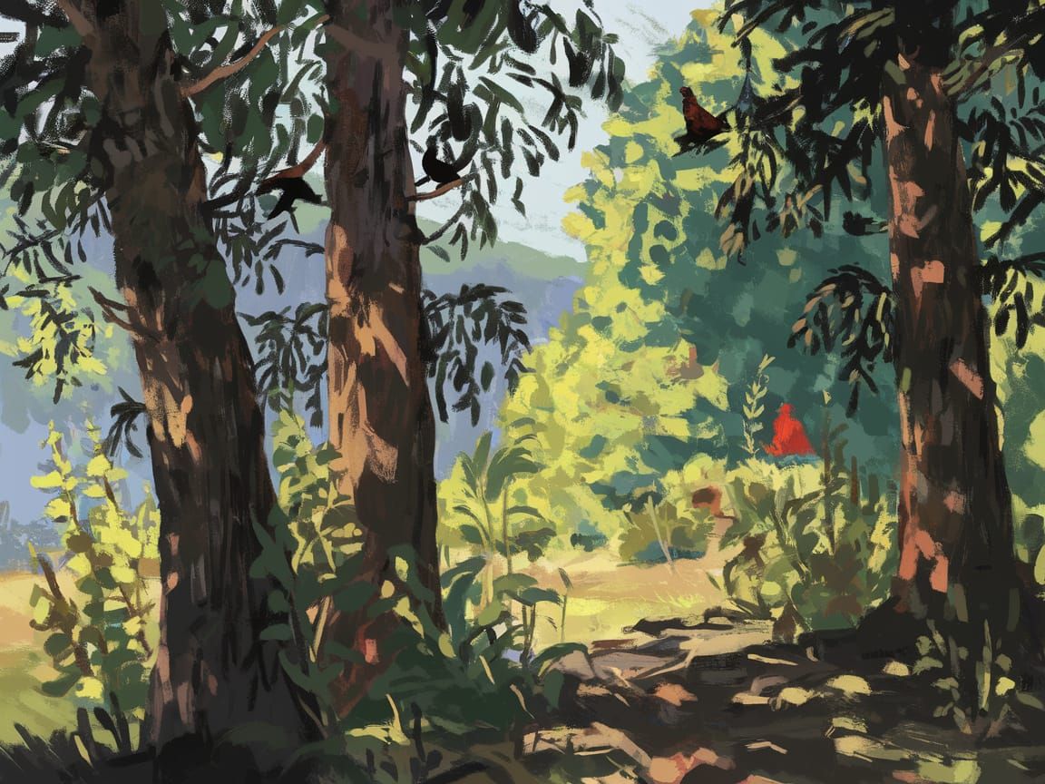 Impressionistic Forest Scene with Mysterious Figure