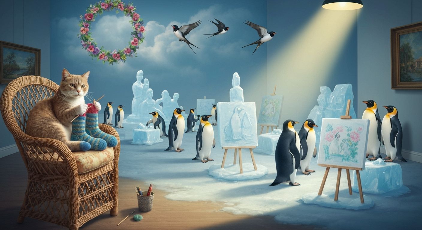 Cat Knitting Amidst Penguin Ice Sculptors and Sky Art