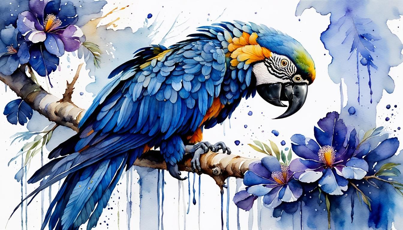 Blue Macaw Watercolor Painting with Jacaranda Blooms