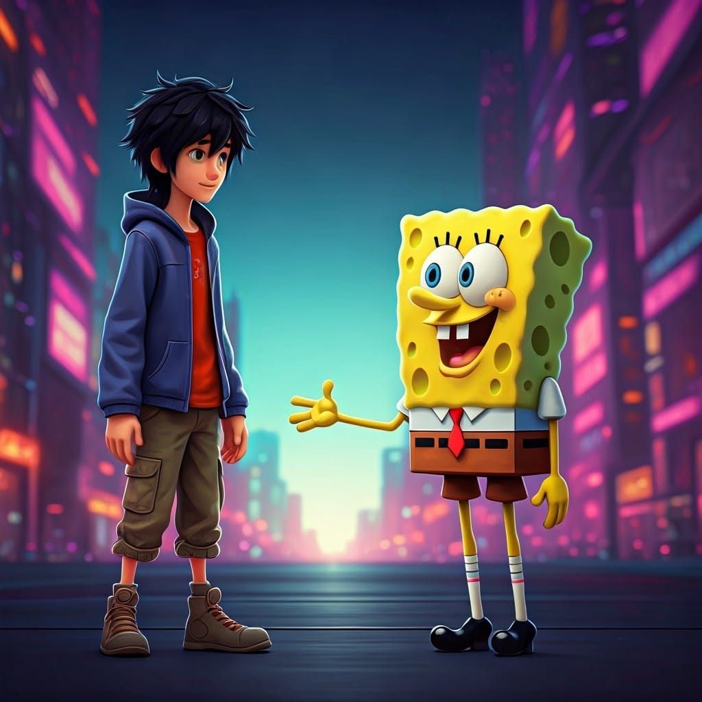 Hiro and SpongeBob Discuss Squidward, in 3D Digital Art