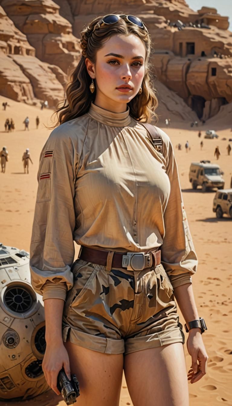 Padme Amidala in tan blouse and camouflage shorts