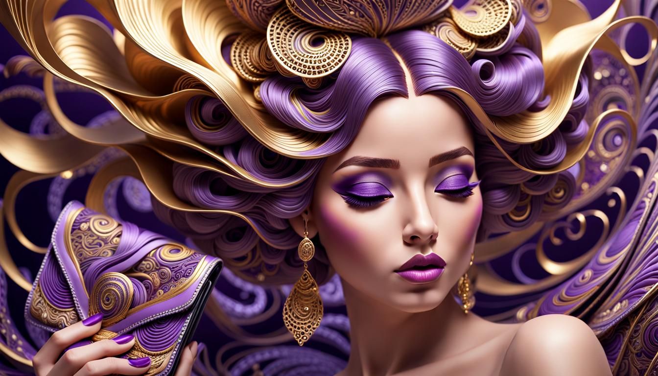 Metallic Gold and Purple Surrealist Woman with Wallet