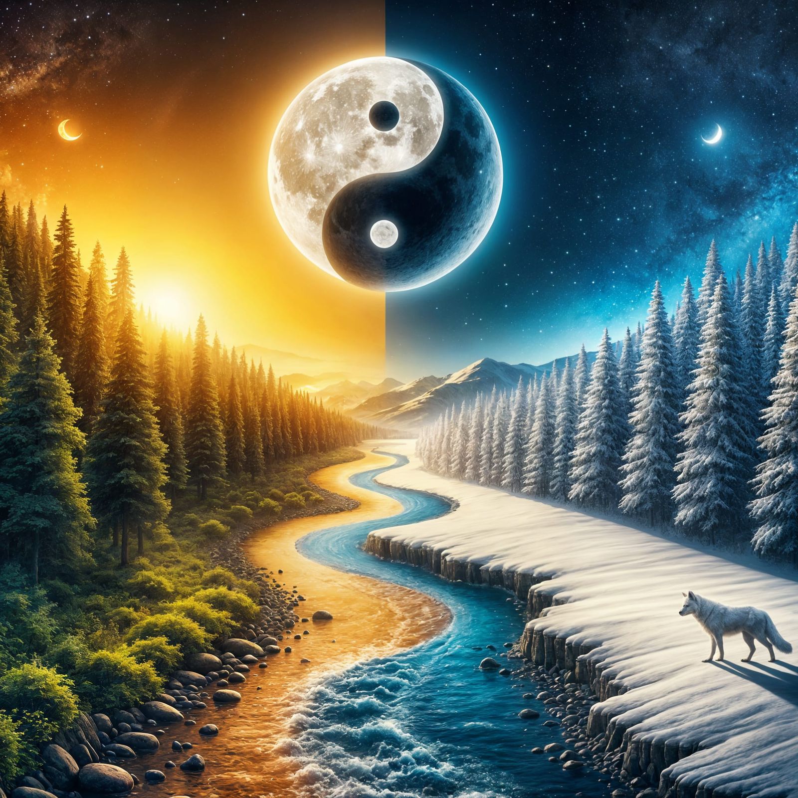 Yin Yang Nature Landscape with Wolves