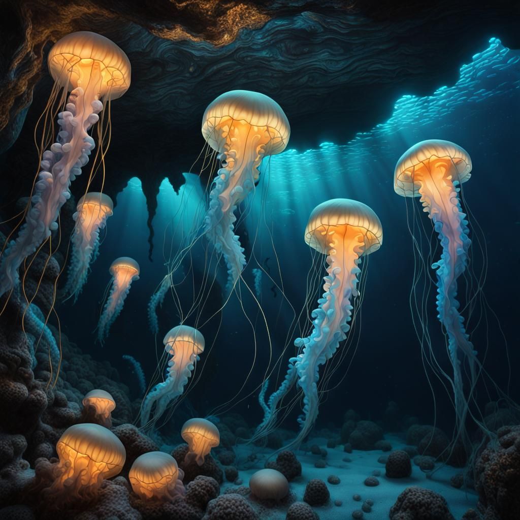 Bioluminescent Creatures Guarding Deep Sea Cocoons