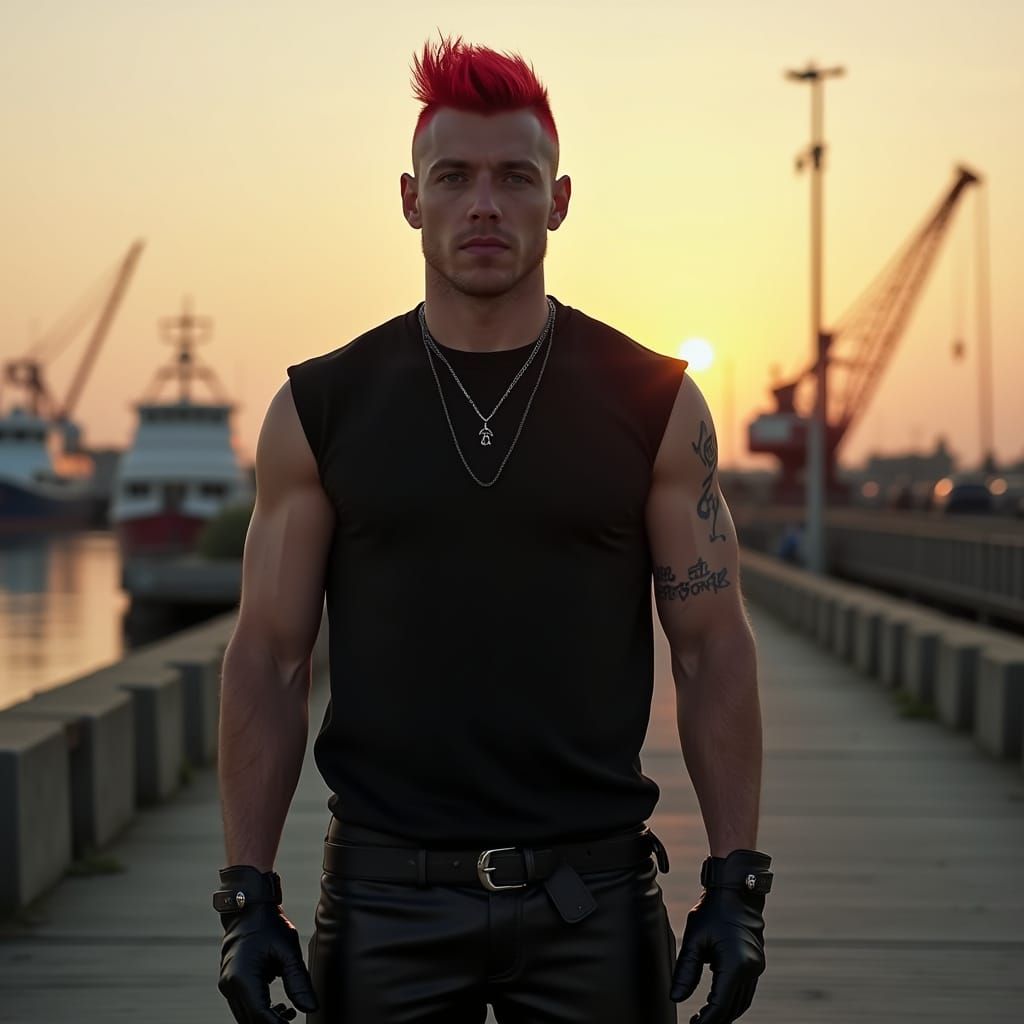 Red Haired Man in Punk Style on Boardwalk at Dusk