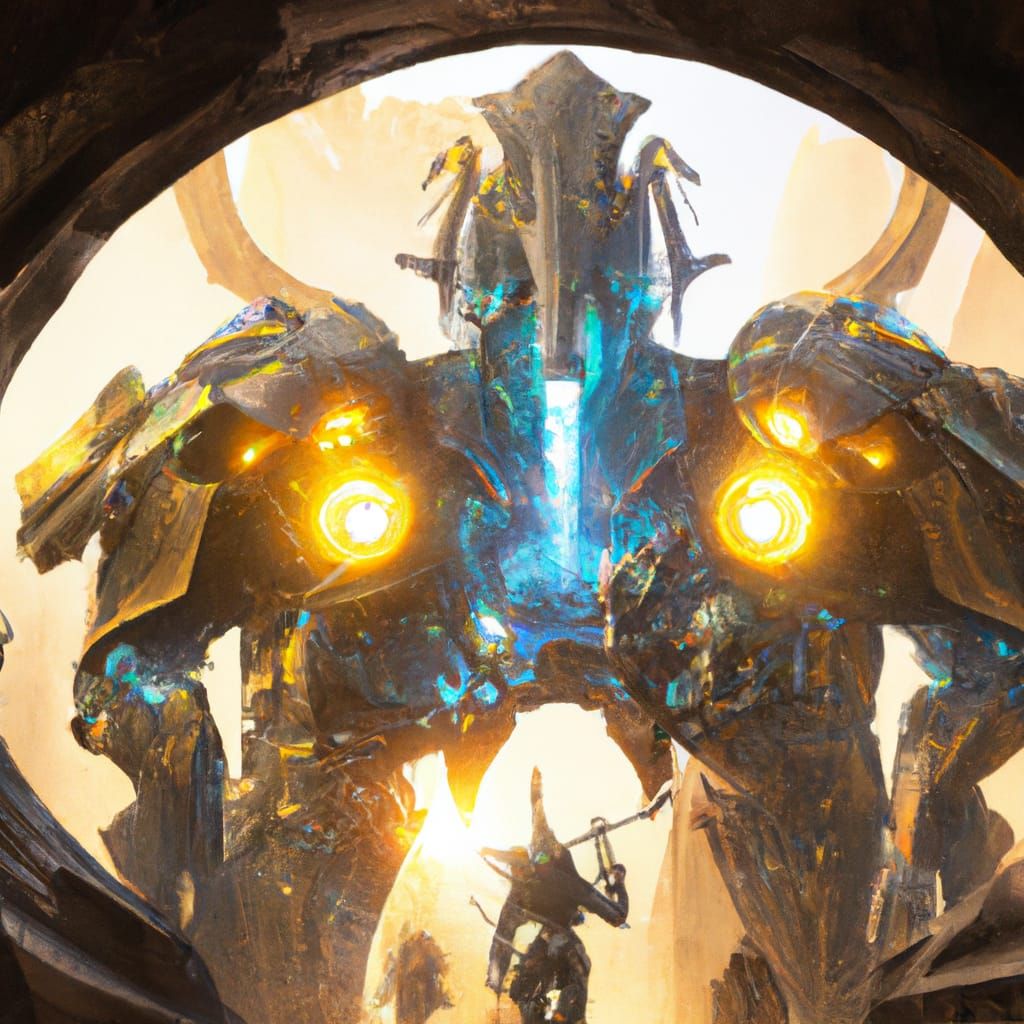 Electric Mecha Boss Fight in Dark Fantasy Style