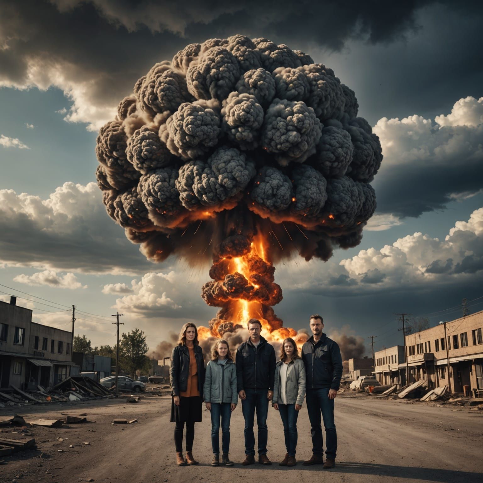 Hyperrealistic Family Photo Interrupted by Nuclear Explosion