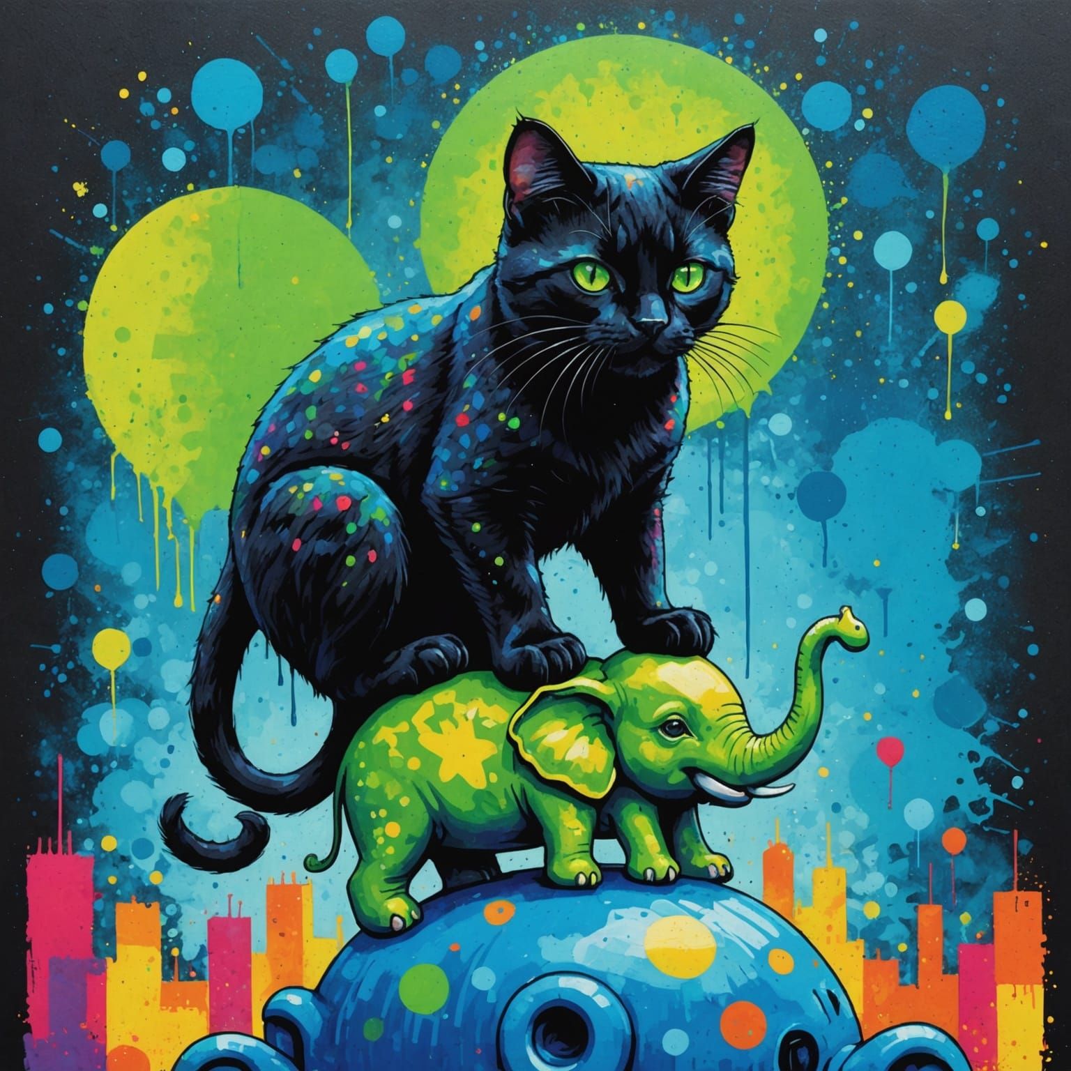 Cat and Elephant in Pointillist Graffiti Style