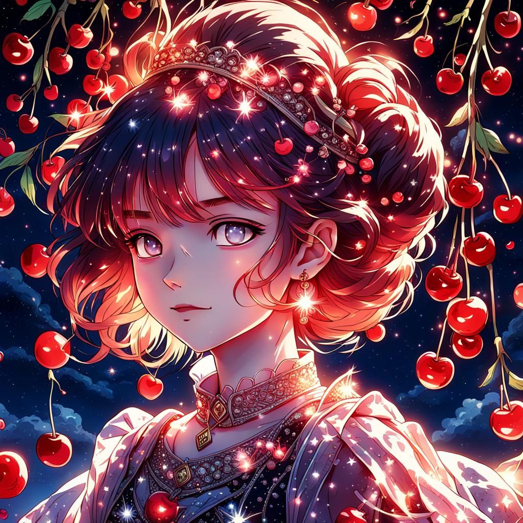 Princess in Cherry Dress: Anime Style Portrait