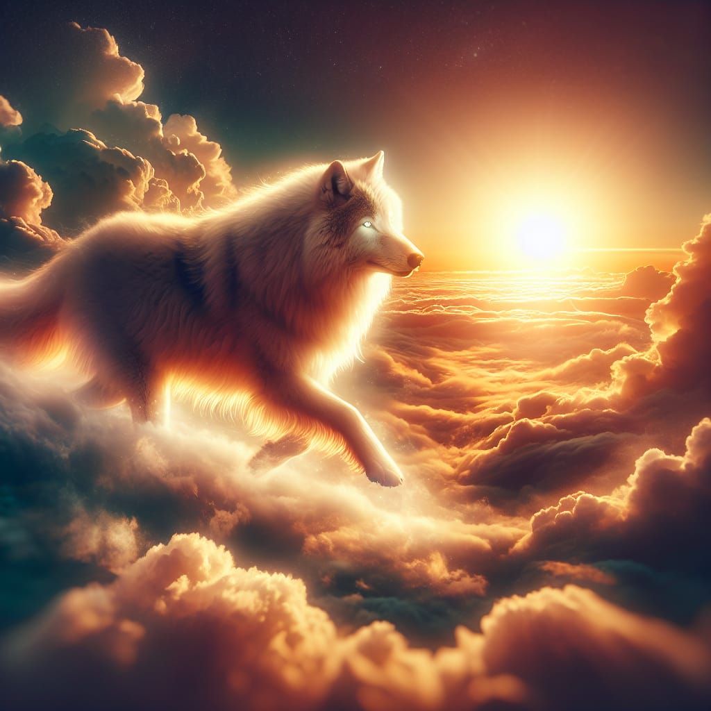 Mystical Wolf Running Above the Clouds