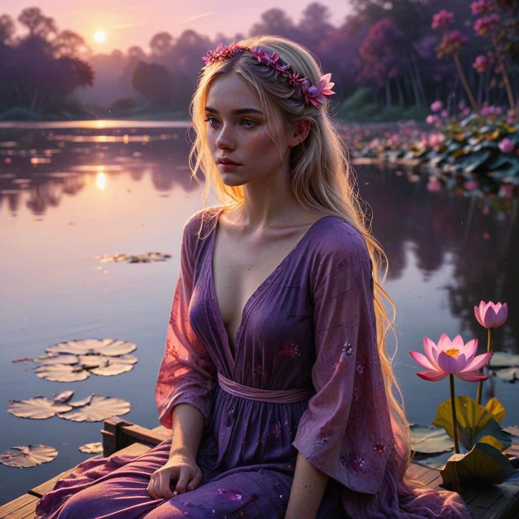 Sad Girl with Lotus Flowers: Fantasy Concept Art