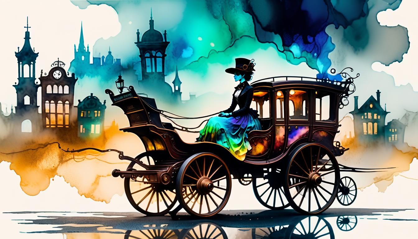 Steampunk Cityscape with Girl in Alcohol Ink Style