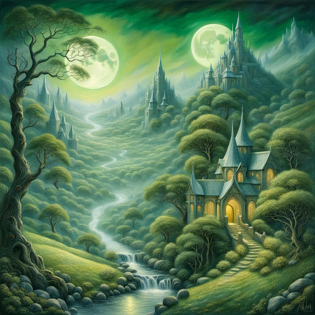 Moonlit Rivendell Landscape in Impasto Oil Painting Style