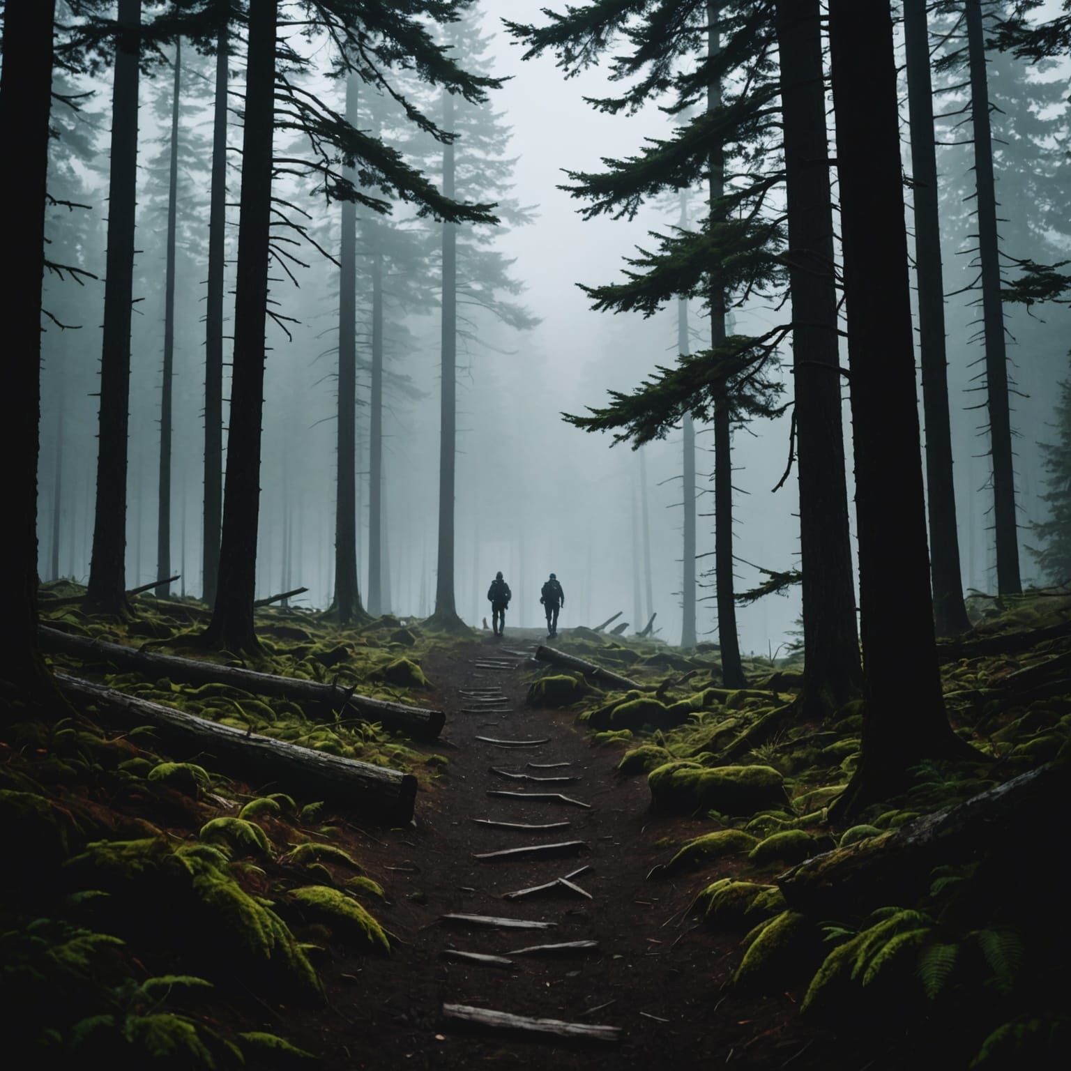 Foggy Forest Hiking Trail with Silhouette Figure