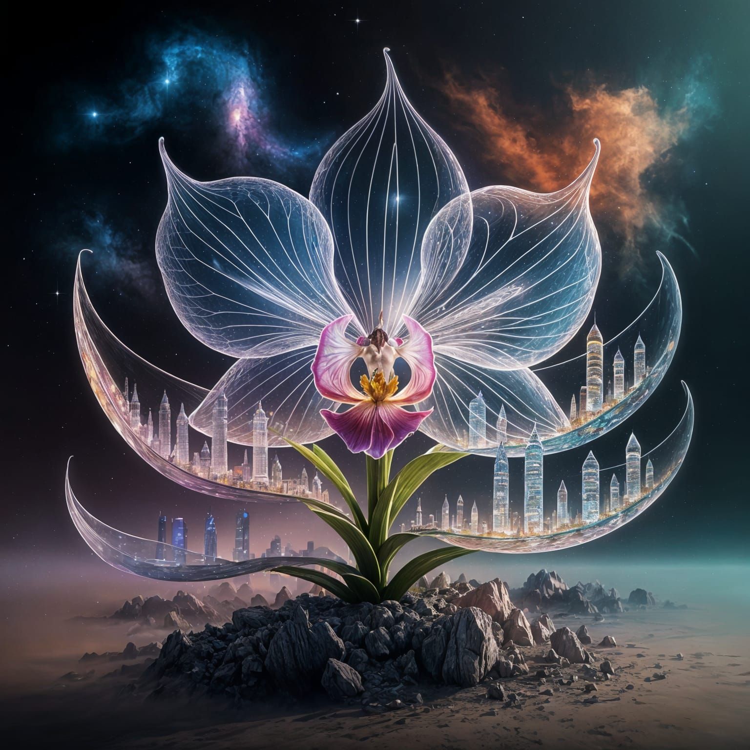 Cosmic Transparent Orchid With Futuristic City