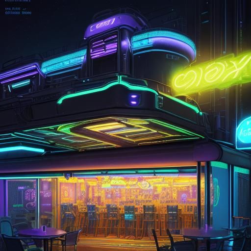 Futuristic Neon Cafe with Galaxy View
