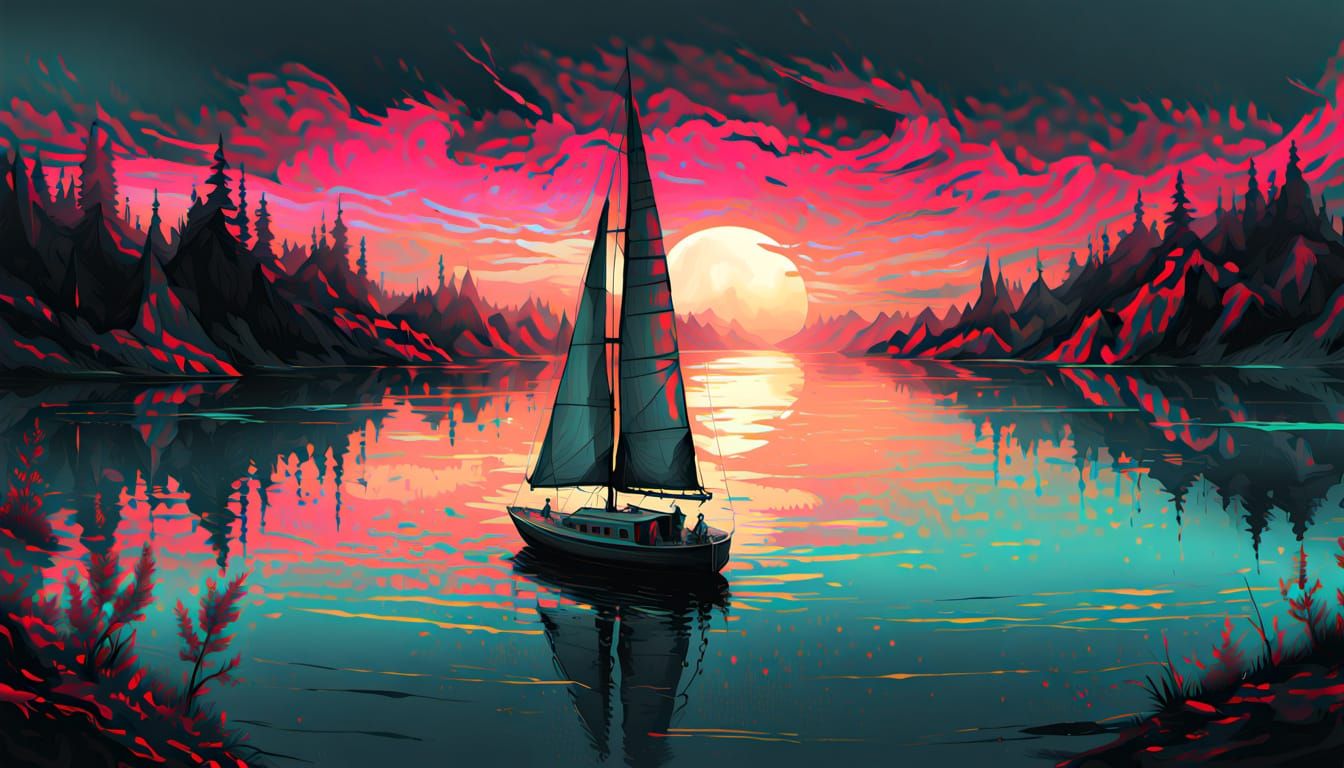 Impressionistic Sailboat on a Serene Summer Lake