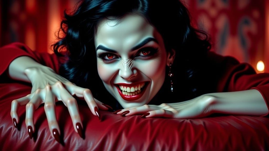 Haunting Vampire Woman Grinning in Vintage Photograph