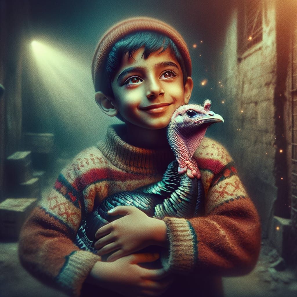 Hyper-Realistic Boy Hugs Turkey in Vintage Photo Style