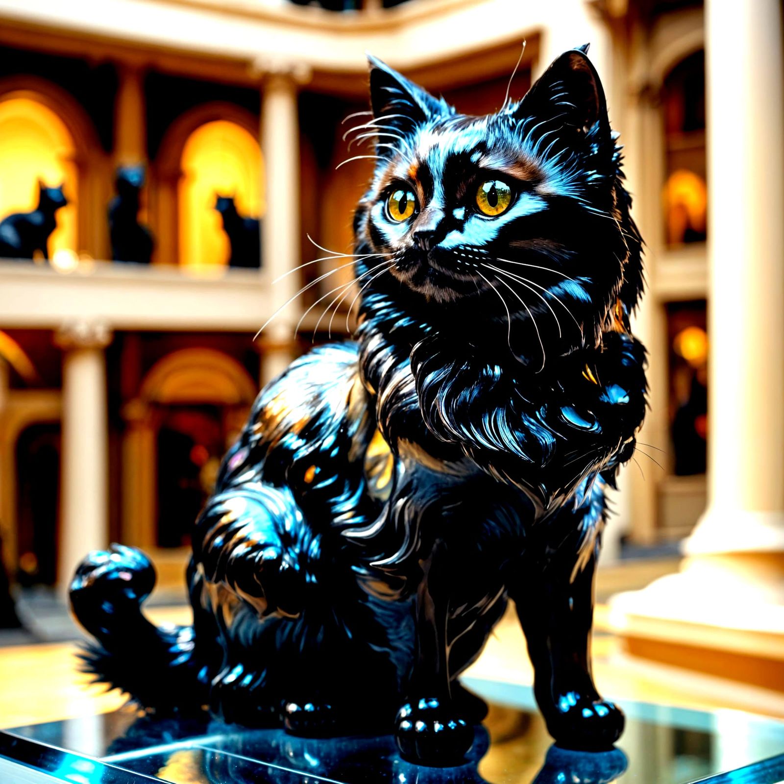 Beautiful enameled glass figurine, black fluffy iridescent black cat, detailed museum background, a masterpiece