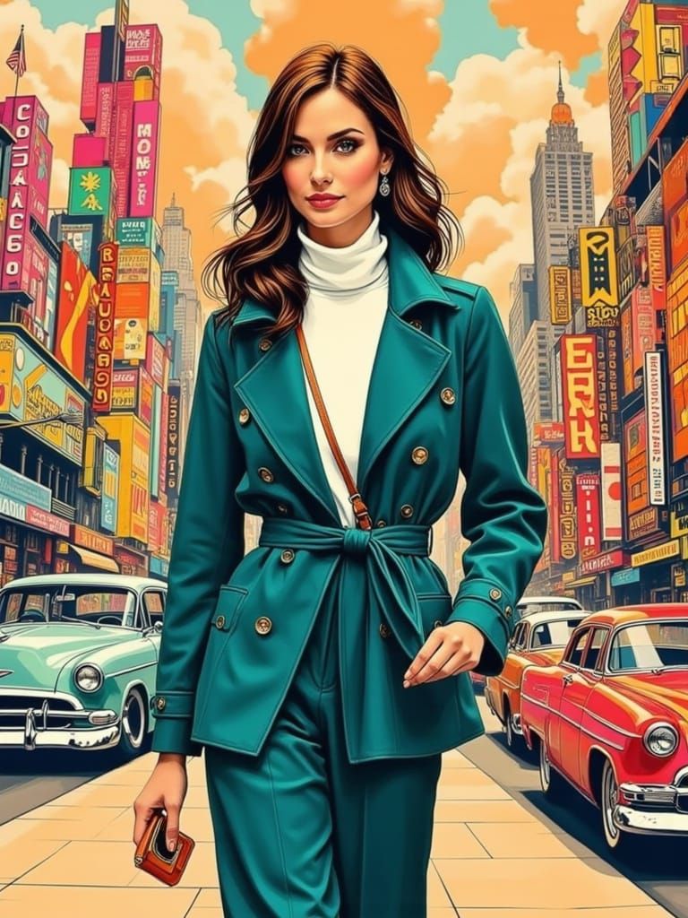 Fashionable Woman in Retro-Futuristic Cityscape